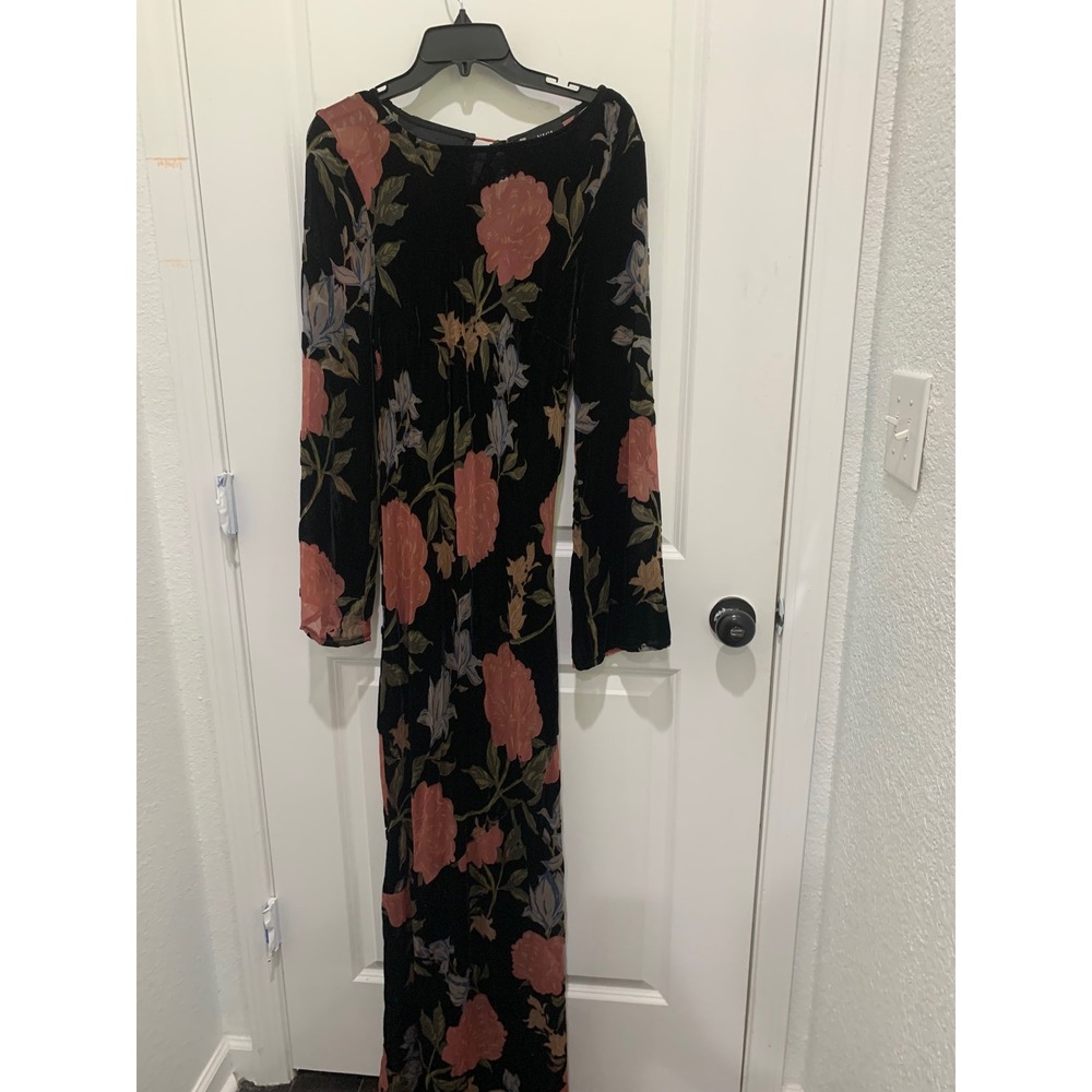 VICI Floral Velvet Burnout Maxi Dress Black Pink Blue Bell Sleeve XL